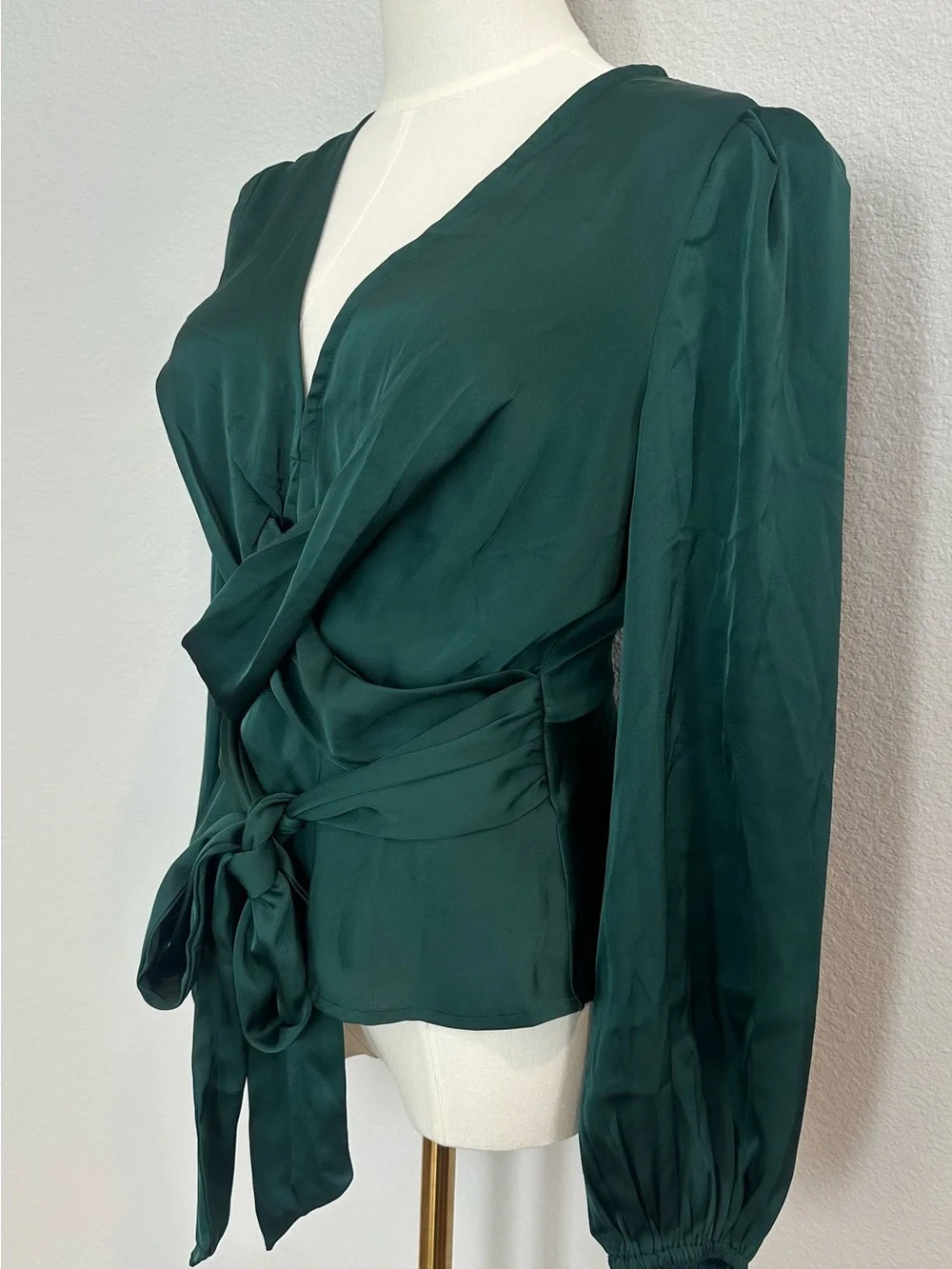 NWT ASTR The Label Forest Green Faux Wrap Satin Blouse Medium Puff Sleeve